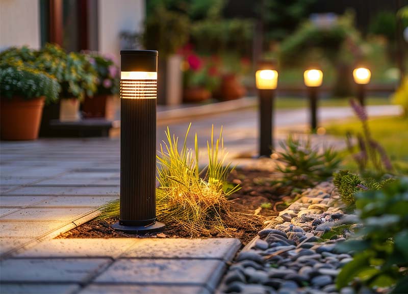 A garden at night with landscape lighting lining the walkway, creating a path illuminated in the darkness.